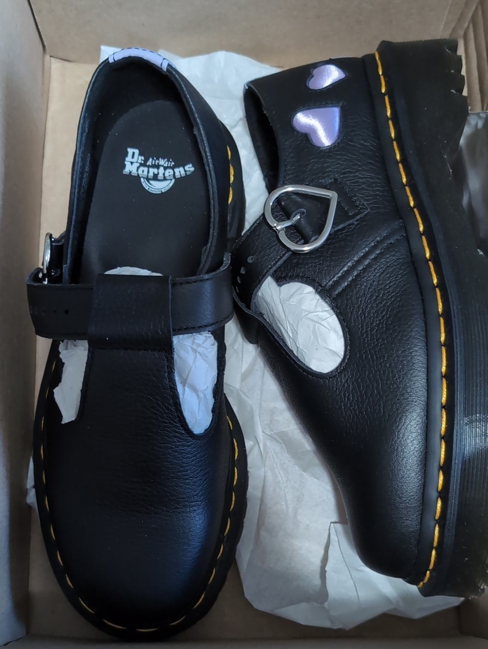 Dr. Martens Black Mary Jane Shoes Polly Heart with Purple Heart Accents